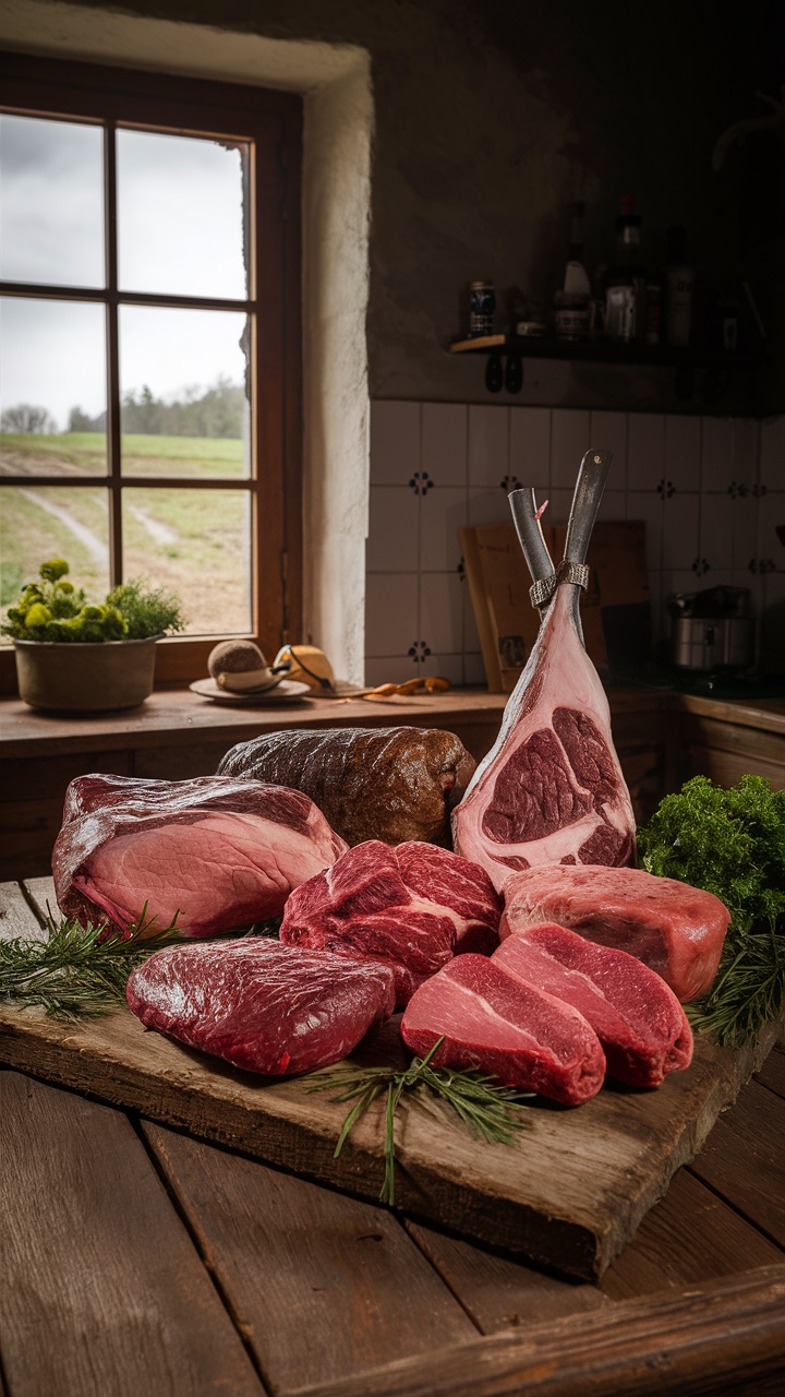 Ein realistisches und detailgetreues Bild einer frischen Fleischauswahl, angeordnet auf einem hölzernen Metzgerblock in einer rustikalen Küche, mit einem Fensterblick auf eine Bauernhoflandschaft im Hintergrund.